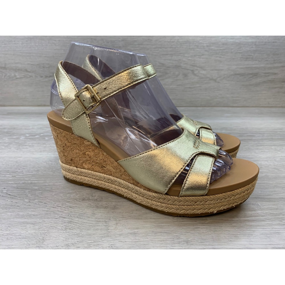 UGG Yarrow Women's Metallic Gold Leather Cork Espadrille Wedge Sandals 7